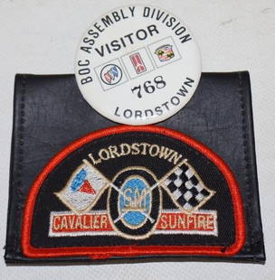 Group of 2 GM Lordstown Assembly Plant Visitor Badge And Shirt Patch Sewn On Leather Interior Swatch: largest is 4" x 3"