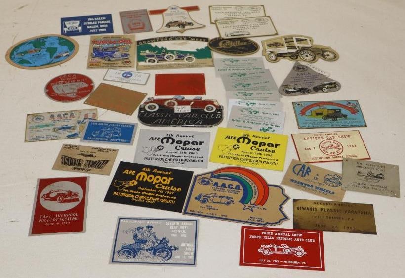 Group of 37 Auto Show/Meet Dash Plaques: largest is 5" x 3.75"