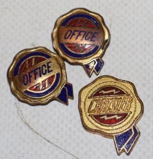 Group of 3 Chrysler Motor Car Co. Cloisonne Office Pin Back Badges: .75" x .75" each 1 is missing pin back