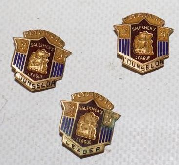 Group of 3 Plymouth Motor Car Co. Cloisonne Leader And Counselor Pin Back Badges: .50" x .75" each