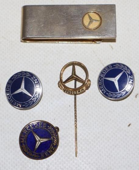 Group of 5 Mercedes Benz Pin Back Badges, Stick Pin And Money Clip: largest is 2"x.75" x .50"