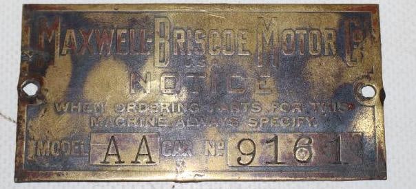 Brass Maxwell-Briscoe Motor Co. Model Data Tag (1 of 2)