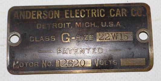 Brass Anderson Electric Car Co. Data Body Tag (1 of 2)