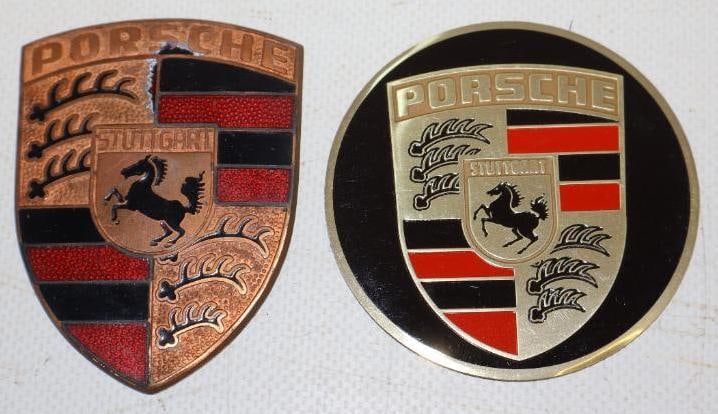 Group of 2 Porsche Radiator Emblem And Wheel Cap Emblem: largest is 2.50" x 2.50"
