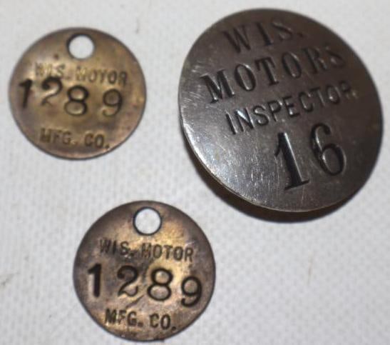 Group of 3 Wisconsin Motor Inspector Pin Back Badge And Brass Tags: largest is 1.50" x 1.50"