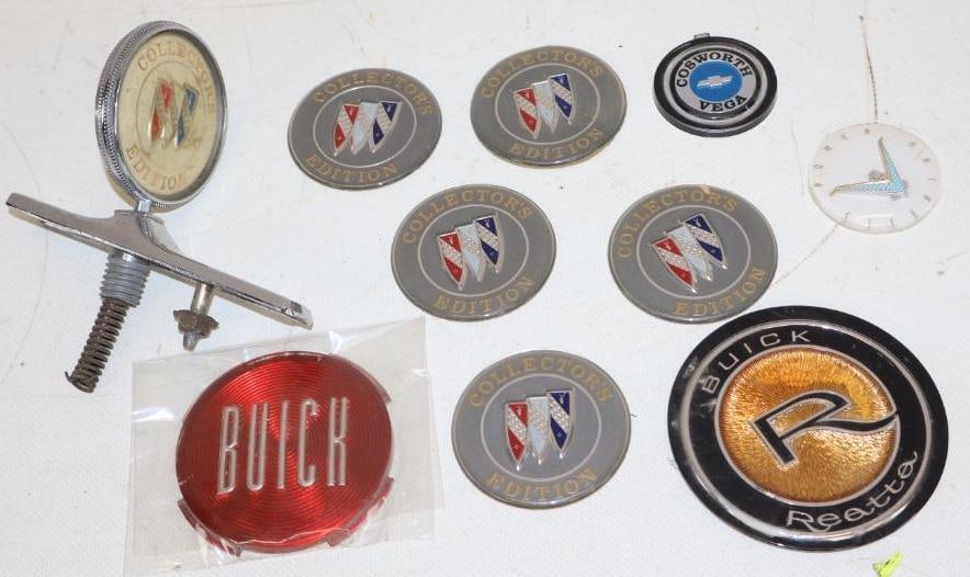 Group of 10 Buick Hood Ornament And Emblems: largest is 2.50" x 4.50" x 5"
