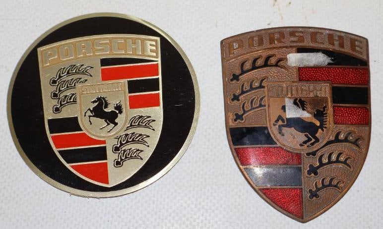 Group of 2 Porsche Radiator Emblem And Wheel Cap Emblem: largest is 2.50" x 2.50"