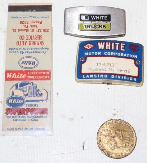 Group of 4 White Motor Car And White Trucks Matchbook, Employee Badge, Pocket Knife And Brass Token: largest is 4.50" x 1.50"