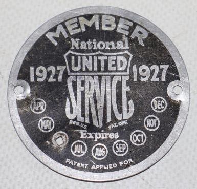 1927 National United Service Member Radiator Badge: 2" x 2"