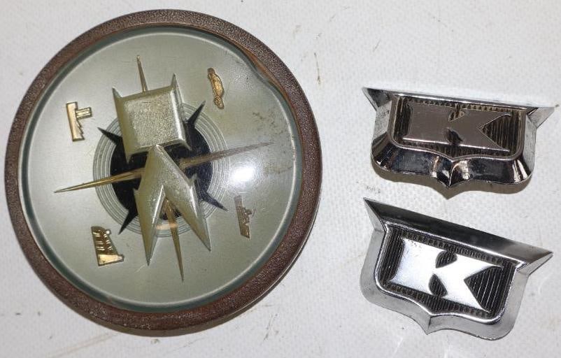 Group of 3 Kaiser-Fraiser Emblems And Horn Button: 3.75" x 3.75" x .50" is largest