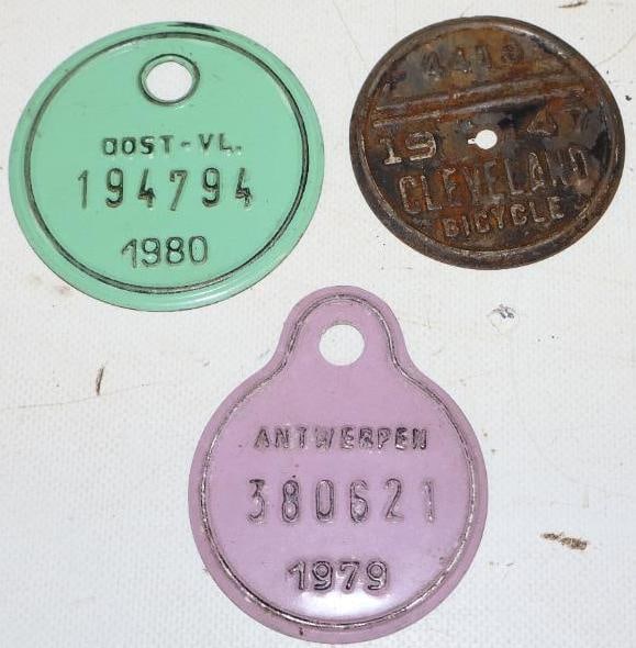 Group of 3 1947 Cleveland, 1979 Antwerpen And 1980 OOST-VL Bicycle License Tags: largest is 3" x 3"