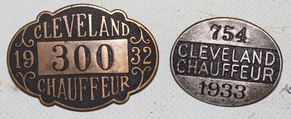 Group of 2 1932 and 1933 Cleveland Chauffeur Pin Back Badges: largest is 2" x 1.50"