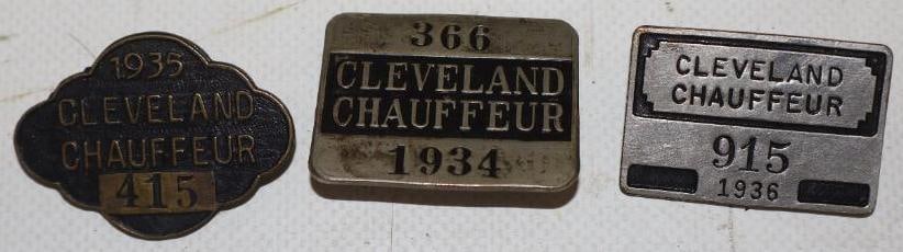 Group of 3 1934 - 1936 Cleveland Chauffeur Pin Back Badges: largest is 1.50" x 1.25"