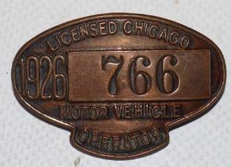 1926 Brass Chicago License Motor Vehicle Operator Pin Back Badge (1 of 2)