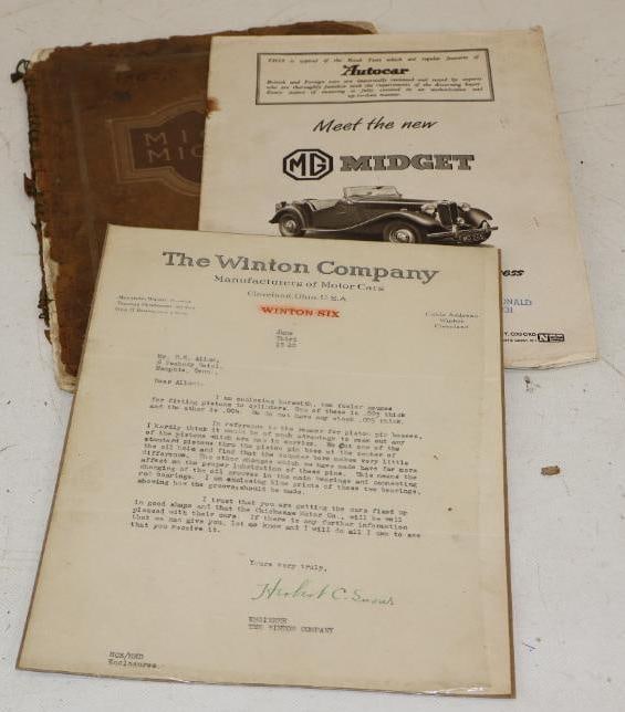 Group of 3 MG Miget Pamphlet, 1920 Winton 6 Motor Car Letter And The Mighty Michigan Forty Book: largest is 9" x 12" Michigan Forty Book is in bad shape