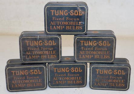 Group of 6 Tung-Sol Fixed Focus Automobile Lamp Bulb Advertising Tins: 3.50" x 2.50" x1.50"