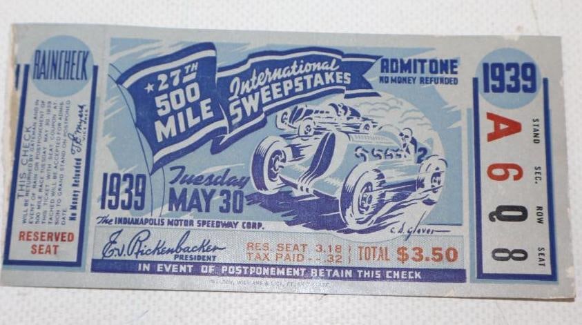 1939 Indianapolis 500 Race Ticket Stub: 5" x 2.25"