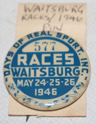 1946 Waitsburg Races Pin Back Badge: 1.25" x 1.25"