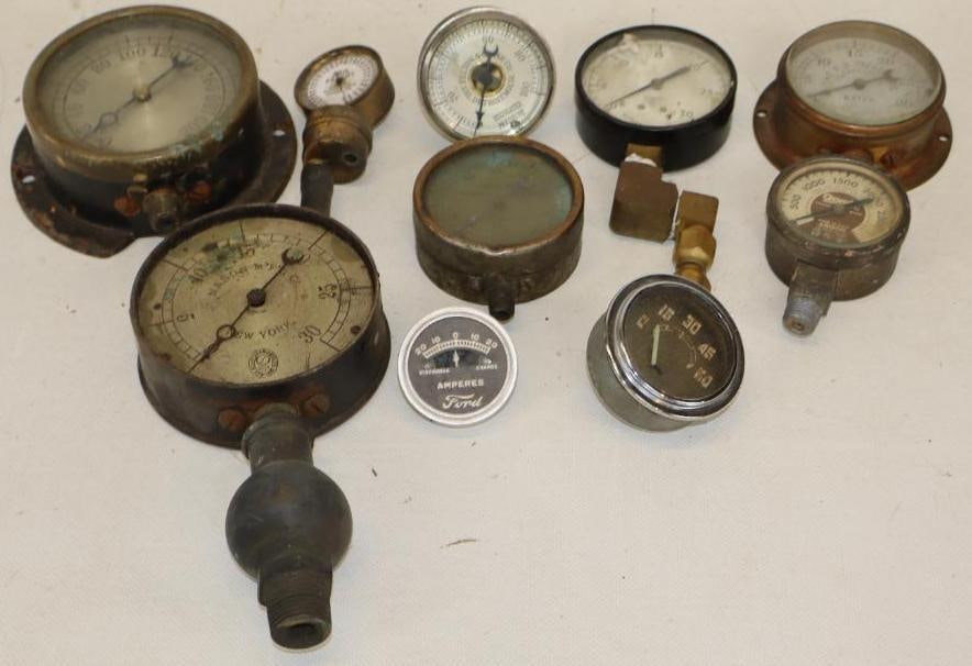 Group of 10 Early Automobile And Non Automobile Pressure Gauges: largest is 4.75" x 4.75" x 2"