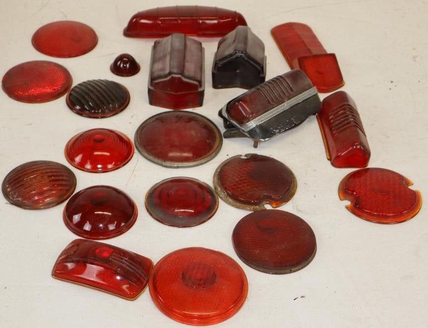 Group of 21 Red Glass Brake Light Lenses: largest is 6.50" x 2" x 1"