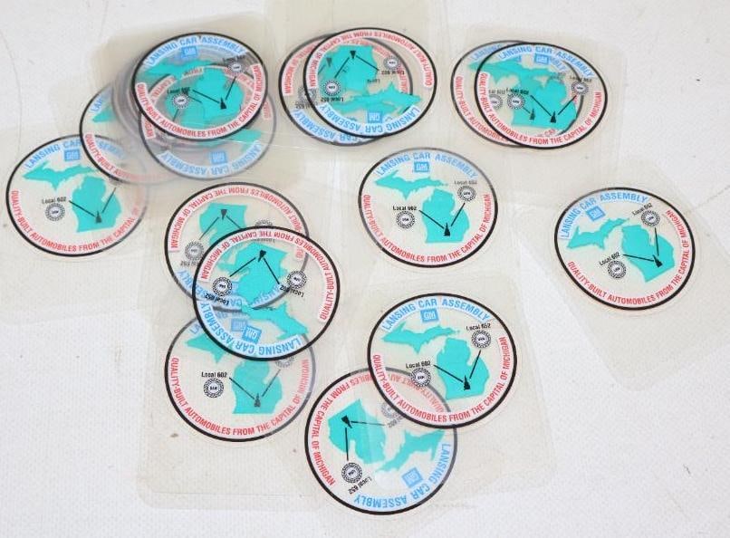 Group of 20 GM Lancing Car Assembly Unused Window Stickers: 2.25" x 3" each