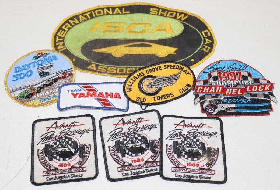 Group of 8 Car Racing And Isca Coat Patches: largest is 10" x 6"