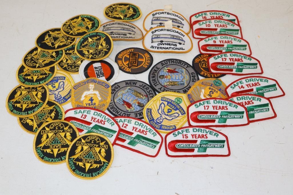Group of 32 Safe Driver, Turnpike, Trucking And RV Coat Patches: largest is 4.50" x 2.50"