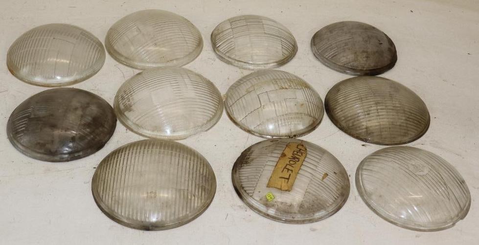 Group of 11 Domed Automobile Glass Headlight Lenses: largest is 8" x 8" x 1.50"