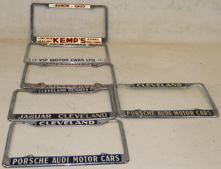 Group of Porsche, Audi, Mercedes, Jaguar, Chevrolet And Edsel Dealership Metal License Plate Frames: 12"x 6" each