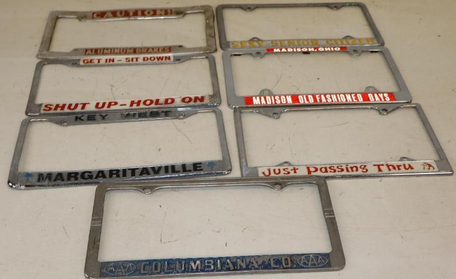 Group of 7  Different Advertising Metal License Plate Frames (1 of 3)