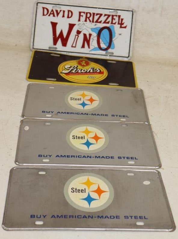 Group of 5 Pittsburgh Steel, Stroh's And David Frizzell Wino Metal Advertising Booster License: 12" x 6" each
