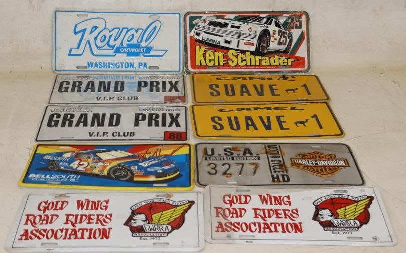 Group of 10 Racing, Motorcycle, Camel And Chevrolet Advertising Metal Booster License Plates: 12" x 6" each