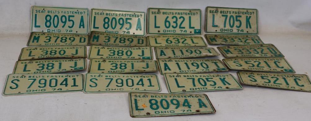 Group of 21 1974 Ohio Seat Belt Fastened? Embossed License Plates: 12" x 6" each