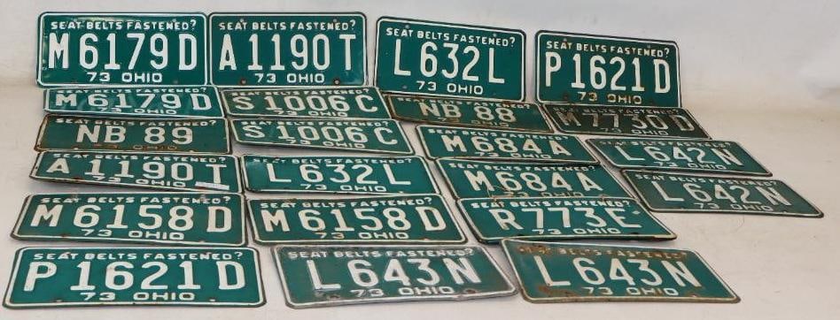 Group of 23 1973 Ohio Seat Belt Fastened? Embossed License Plates: 12" x 6" each