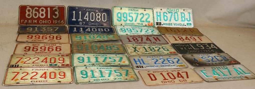 Group of 24 Ohio Motor Home, Special, House Veh. And Farm Embossed License Plates: 12" x 6" each