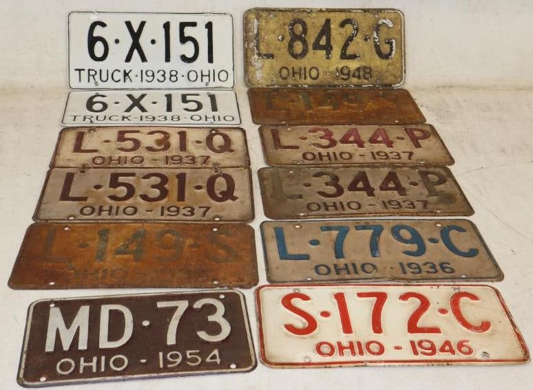 Group of 12 1930's And 1940's Ohio Embossed License Plates: 12" x 6" each