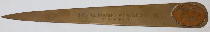 1914 Farmers National Bank Brass Letter Opener: 9" x 1.25"