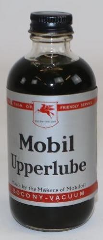 Socony-Vacuum Mobil Upperlube Oil Bottle: 4oz and full. 1.5" x 1.5" x 4.5"