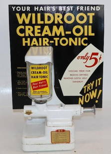 Wild Root Cream-Oil Hair Tonic Five Cent Countertop Dispenser with Original Advertising Sign: Missing key. 10" x 15" x 5"