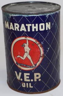 Marathon V. E. P. Best In The Long Run Metal One Quart Oil Can: Empty. Missing bottom. 4" x 4" x 5.5"