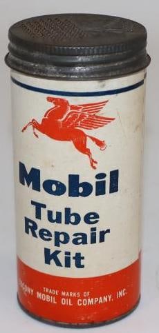 Socony Mobil Tire Tube Repair Kit: Has contents. 2" x 2" x 4.25"