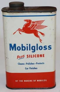 Socony Mobilgloss Plus Silicone One Pint Metal Oil Can: Empty. 4" x 6" x 2"