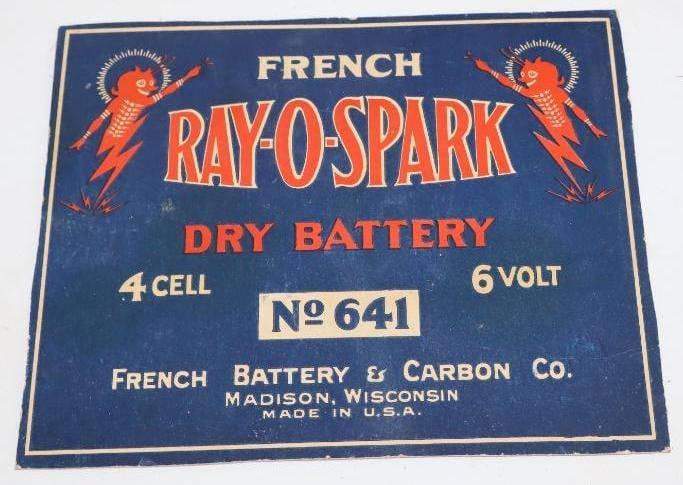 French Ray-O-Spark Dry Battery Heavy Cardstock Advertising Sign: 8" x 6.5"