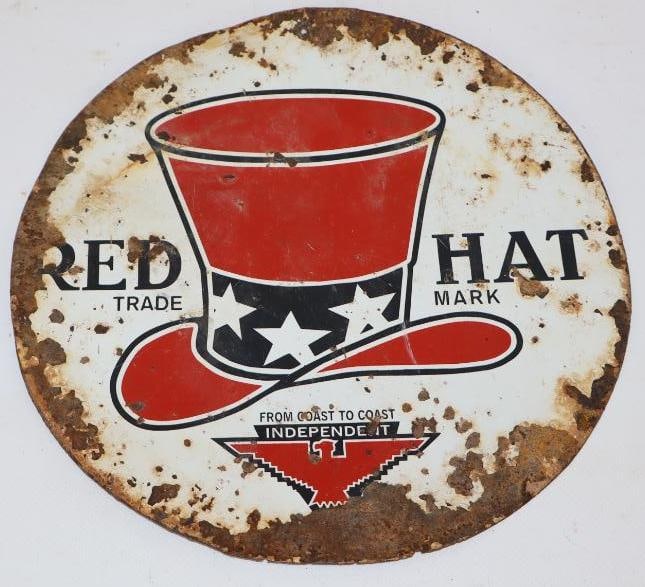 Red Hat Gasoline Round Metal Reproduction Advertising Sign (1 of 2)