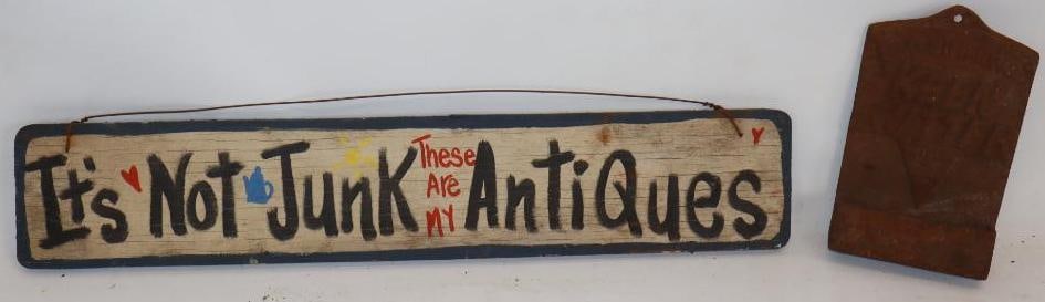 Group of 2 It?s Not Junk These Are My Antiques and Kleen Kutter Advertising Sign and Match Holder: Largest is 19" x 3.5"