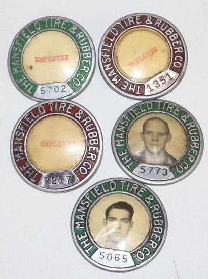Group of 5 Mansfield Tire And Rubber Employee Pin Back Badges: 1.75" x 1.75" each 2 are missing pin backs