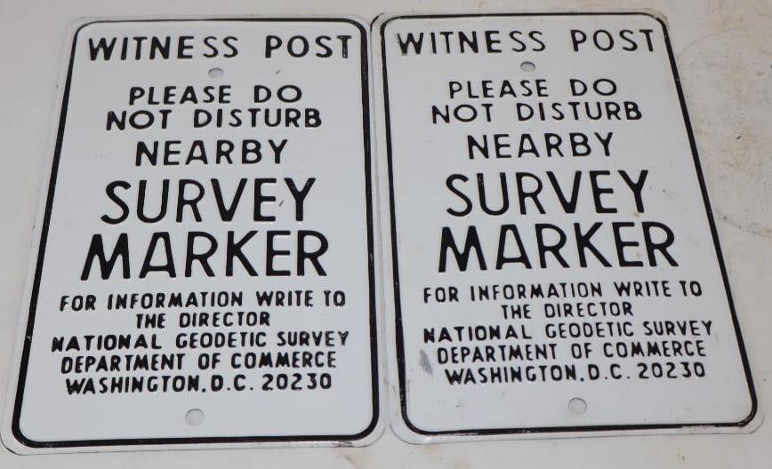 Group of 2 Witness Post Do Not Disturb Nearby Survey Marker Department Of Commerce Embossed Sign: 6.50" x 10.50" each