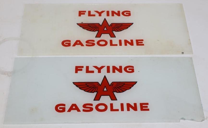 Group of 2 Flying A Gasoline Advertising Ad Glass: 12.25" x 5" each