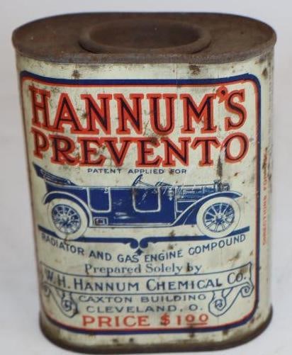 Graphic Hannum's Prevento Radiator Compound Advertising Can: 3.50" x 2" x 4.50"