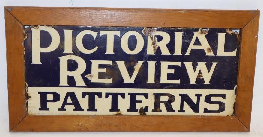 Double Sided Pictorial Review Patterns Framed Porcelain Sign: 20" x 10" x 1"
